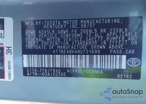 2008 Toyota Camry Le from USA, damaged, VIN 4T1BE46K48U731699